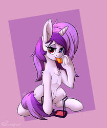 Size: 3100x3700 | Tagged: safe, artist:passigcamel, oc, oc only, oc:purple eye, pony, commission, female, frog (hoof), glasses, heterochromia, high res, looking at you, mare, solo, tongue out, underhoof