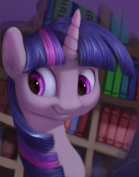 Size: 2022x2566 | Tagged: safe, artist:mindofor, twilight sparkle, pony, g4, book, bookshelf, female, high res, mare, smiling, solo