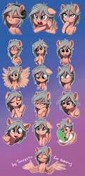 Size: 657x1360 | Tagged: safe, artist:taneysha, oc, oc only, oc:anon, oc:gearsy septima, human, pegasus, pony, blushing, bust, compilation, expressions, female, gradient background, headphones, human male, male, mare, silly, silly face, silly pony, solo focus, spread wings, sticker, tongue out, wings