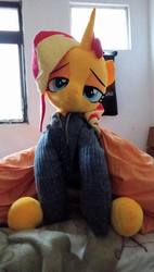 Size: 546x960 | Tagged: safe, artist:ec31314, sunset shimmer, pony, unicorn, g4, bedroom eyes, clothes, cute, female, hoodie, irl, mare, photo, plushie, shimmerbetes, solo
