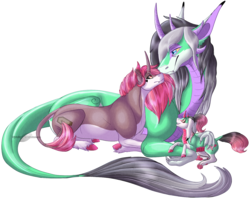 Size: 1375x1088 | Tagged: safe, artist:bijutsuyoukai, oc, oc only, dracony, dragon, hybrid, pony, unicorn, interspecies, interspecies offspring, magical gay spawn, male, oc x oc, offspring, prone, shipping, simple background, transparent background
