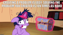 Size: 888x499 | Tagged: safe, edit, edited screencap, screencap, smarty pants, twilight sparkle, g4, lesson zero, crazy face, faic, image macro, meme, stressed