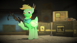 Size: 1366x768 | Tagged: safe, artist:whirlhorse, oc, oc only, oc:windy whirls, deer, original species, peryton, 3d, box, clothes, crate, crossbow, gmod, scarf, smiling, smirk, solo, weapon