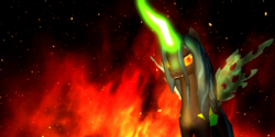 Size: 1200x600 | Tagged: safe, artist:juliedraw2046, queen chrysalis, changeling, changeling queen, g4, 3d, female, fire, magic, solo