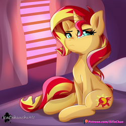 Size: 3000x3000 | Tagged: safe, artist:katakiuchi4u, sunset shimmer, pony, unicorn, g4, bed, female, grumpy, high res, mare, morning ponies, patreon, patreon logo, signature, solo