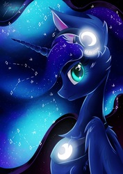 Size: 2435x3444 | Tagged: safe, artist:alexbluebird, princess luna, pony, g4, chest fluff, constellation, female, headphones, high res, looking at you, smiling, solo