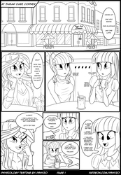 Size: 1485x2140 | Tagged: safe, artist:pshyzomancer, sci-twi, sunset shimmer, twilight sparkle, comic:physiology testing, equestria girls, ..., black and white, breasts, chocolate, chocolate milk, cleavage, comic, food, grayscale, lineart, milk, monochrome, sugarcube corner