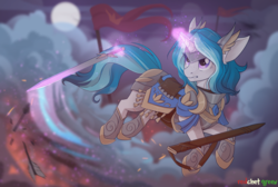 Size: 1500x1010 | Tagged: safe, artist:redchetgreen, oc, oc only, oc:bubble lee, pony, alternate universe, armor, art, commission, female, full moon, glowing horn, horn, magic, mare, moon, night, royal guard, solo, sword, telekinesis, weapon, willowverse, ych result