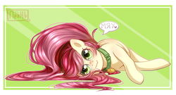 Size: 1431x774 | Tagged: safe, artist:prjanik, roseluck, earth pony, pony, g4, :3, behaving like a cat, collar, commissioner:doom9454, cute, cyrillic, digital art, female, long tail, lying, lying down, mare, meow, on side, pet tag, pony pet, rosabetes, rosepet, russian, solo, speech bubble, text