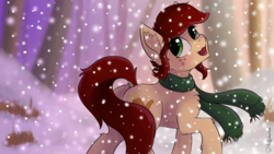 Size: 1024x576 | Tagged: safe, artist:muffinkarton, oc, oc only, oc:canni soda, pony, galacon, blushing, butt, chest fluff, clothes, dock, ear fluff, fluffy, open mouth, plot, scarf, snow, snowfall, solo, tail, winter, winter wonderland