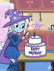 Size: 1200x1600 | Tagged: safe, artist:djgames, trixie, equestria girls, g4, birthday cake, cake, cape, clothes, female, food, happy birthday, hat, kitchen, refrigerator, requested art, sink, solo, table, teapot, trixie's cape, trixie's hat