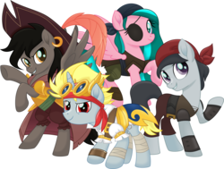 Size: 7500x5679 | Tagged: safe, artist:limedazzle, oc, oc only, earth pony, pegasus, pony, unicorn, absurd resolution, clothes, commission, eyepatch, hat, looking at you, movie accurate, pirate, pirate hat, show accurate, simple background, transparent background
