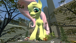 Size: 3000x1687 | Tagged: safe, artist:jeroen01, fluttershy, rainbow dash, sunset shimmer, twilight sparkle, human, pegasus, pony, equestria girls, g4, 3d, bus, car, city, destruction, giant pony, looking down, macro, open mouth, request, street, twilight sparkle (alicorn), vehicle