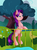 Size: 1849x2491 | Tagged: safe, artist:ri20, spoiled rich, earth pony, pony, g4, beautiful, bush, cutie mark, eyebrows, eyelashes, female, flower, grass, hair, happy, makeup, mare, mother, mountain, outdoors, purple hair, purple mane, purple tail, sky, smiling, solo, tail, teal eyes, tree, water