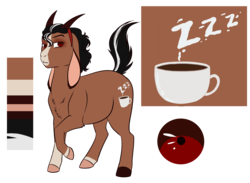 Size: 2863x2094 | Tagged: safe, artist:blackblood-queen, oc, oc only, oc:caffeinated comatose, goat, hybrid, mule, female, high res, mare, ponysona, raised hoof, redesign, reference sheet, simple background, solo, transparent background, zzz