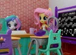 Size: 1220x882 | Tagged: safe, artist:whatthehell!?, fluttershy, princess celestia, principal celestia, equestria girls, g4, apple, boots, chair, chalkboard, classroom, clothes, cup, desk, doll, equestria girls minis, eqventures of the minis, food, gem, irl, musical instrument, photo, shoes, skirt, tambourine, toy