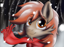 Size: 1280x939 | Tagged: safe, artist:tai kai, oc, oc:winterlight, big eyes, clothes, male, scarf, simple background, snow, stallion, winter