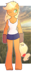 Size: 1052x2391 | Tagged: safe, artist:sl0ne, applejack, earth pony, anthro, unguligrade anthro, g4, clothes, female, freckles, gloves, haystick, one eye closed, shorts, smiling, solo, tank top, wink