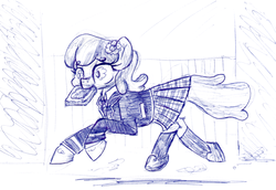 Size: 874x601 | Tagged: safe, artist:shoeunit, cheerilee, earth pony, pony, g4, bread, clothes, female, food, mare, monochrome, mouth hold, running, school uniform, schoolgirl toast, shoes, solo, traditional art