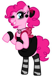 Size: 1118x1653 | Tagged: safe, artist:/d/non, pinkie pie, earth pony, pony, g4, alternate hairstyle, bow, clothes, dress, ear piercing, earring, eyelashes, eyeshadow, female, goth, hair bow, jewelry, makeup, mare, one eye closed, piercing, simple background, smiling, socks, solo, striped socks, white background, wink
