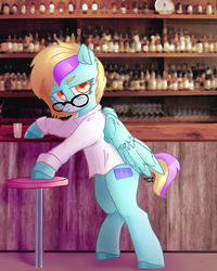 Size: 1777x2216 | Tagged: safe, artist:sl0ne, oc, oc only, pegasus, pony, bar, clothes, commission, female, glass, glasses, looking at you, mare, shot glass, solo, stool