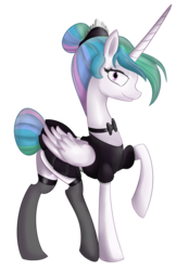 Size: 3105x4805 | Tagged: safe, artist:soulrainbow, princess celestia, alicorn, pony, g4, alternate hairstyle, bowtie, clothes, female, hair bun, maid, mare, raised hoof, royalty, simple background, solo, stockings, thigh highs, transparent background