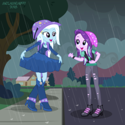Size: 3997x3997 | Tagged: safe, artist:metalhead97, starlight glimmer, trixie, equestria girls, equestria girls specials, g4, mirror magic, beanie, boots, cape, clothes, cloud, cloudy, curtsey, cute, diatrixes, dress, duo, fall formal outfits, friendship, glimmerbetes, hat, high heel boots, high res, laughing, looking at each other, outdoors, rain, shoes, show accurate, soaked, trixie's cape, trixie's hat, wet, wet boots, wet clothes, wet hair