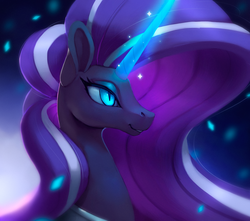 Size: 900x797 | Tagged: safe, artist:rodrigues404, nightmare rarity, pony, unicorn, g4, female, glowing horn, horn, mare, slit pupils, smiling, solo