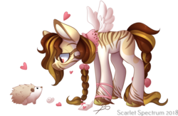 Size: 908x592 | Tagged: safe, artist:scarlet-spectrum, oc, oc only, hedgehog, hybrid, pegasus, pony, zony, commission, female, looking at each other, mare, simple background, smiling, stripes, transparent background