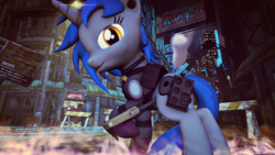 Size: 3840x2160 | Tagged: safe, artist:dj-chopin, oc, oc only, oc:homage, pony, unicorn, fallout equestria, 3d, city, clothes, cute, fanfic, fanfic art, female, high res, hooves, horn, looking at you, mare, raised hoof, ruins, solo, tongue out, wasteland, watchtower