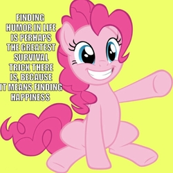 Size: 500x500 | Tagged: safe, pinkie pie, earth pony, pony, g4, advice, female, grin, happy, inspiration, meme, motivation, sitting, smiling, solo