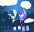 Size: 2468x2324 | Tagged: safe, artist:paskanaakka, derpibooru exclusive, oc, oc only, oc:cerulean swirls, oc:midnight dew, pony, unicorn, abstract background, chest fluff, cloak, clothes, colored hooves, dialogue, ear fluff, female, filly, high res, horn, mare, pony oc, silhouette, unicorn oc, unshorn fetlocks