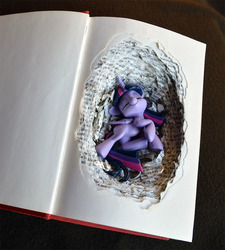 Size: 800x887 | Tagged: safe, artist:prototypespacemonkey, twilight sparkle, alicorn, pony, book, bookhorse, craft, cute, eyes closed, female, figurine, hnnng, mare, miniature, sculpture, sleeping, smiling, solo, that pony sure does love books, traditional art, twiabetes, twilight sparkle (alicorn)