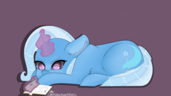 Size: 1280x720 | Tagged: safe, artist:darksketchweirdness, trixie, pony, unicorn, g4, book, female, glowing horn, horn, magic, mare, prone, purple background, reading, simple background, solo