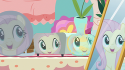 Size: 1280x720 | Tagged: safe, screencap, fluttershy, pony, discordant harmony, g4, dish, female, mare, mirror, reflection, solo, toaster, vase