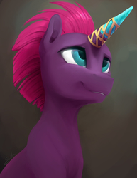 Size: 1530x1980 | Tagged: safe, artist:silfoe, fizzlepop berrytwist, tempest shadow, pony, unicorn, g4, my little pony: the movie, broken horn, commission, crystal, cute, female, gray background, grin, happy, horn, lidded eyes, looking up, mare, prosthetic horn, prosthetics, simple background, sitting, smiling, solo, tempest gets her horn back, tempestbetes, when she smiles