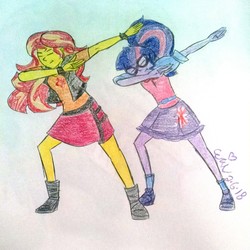 Size: 2432x2432 | Tagged: safe, artist:erynerikard, derpibooru exclusive, sci-twi, sunset shimmer, twilight sparkle, equestria girls, g4, dab, duo, eyes closed, high res, traditional art