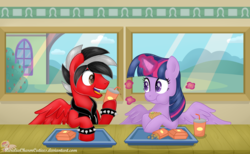 Size: 7850x4847 | Tagged: safe, artist:raspberrystudios, twilight sparkle, oc, alicorn, pegasus, pony, g4, absurd resolution, burger, canon x oc, food, hay burger, male, red and black oc, twilight sparkle (alicorn)