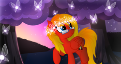 Size: 1900x1002 | Tagged: safe, artist:auryondreams, oc, oc only, oc:sunrise tune, fairy, pegasus, pony, crown, forest, jewelry, regalia, smiling, solo, tree