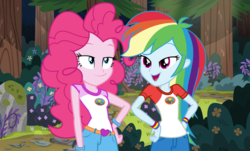 Size: 800x482 | Tagged: safe, artist:3d4d, artist:luckreza8, artist:sketchmcreations, part of a set, pinkie pie, rainbow dash, equestria girls, g4, my little pony equestria girls: legend of everfree, camp everfree outfits, clothes, female, forest, lesbian, open mouth, pants, ship:pinkiedash, shipping, shorts, smiling, wristband