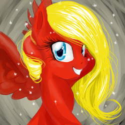 Size: 900x900 | Tagged: safe, artist:my-magic-dream, oc, oc only, oc:sunrise tune, pegasus, pony, abstract background, arm behind head, rhyme, smiling, solo, sparkles