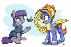 Size: 1200x793 | Tagged: safe, artist:tsitra360, boulder (g4), maud pie, spitfire, earth pony, pegasus, pony, g4, abstract background, clothes, female, flying, goggles, mare, open mouth, shocked, sitting, underhoof, uniform, wings, wonderbolts uniform