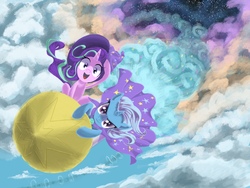Size: 2224x1668 | Tagged: safe, artist:hananpacha, starlight glimmer, trixie, pony, unicorn, g4, cloud, duo, female, happy, incoming, looking at you, mare, rocket, sky, smiling, smoke, toy interpretation, trixie's rocket