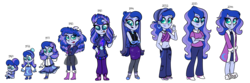 Size: 3600x1200 | Tagged: safe, artist:carouselunique, princess luna, vice principal luna, equestria girls, g4, age progression, baby, belly button, clothes, elderly, female, midriff, older, simple background, skirt, teenager, transparent background, woona, younger
