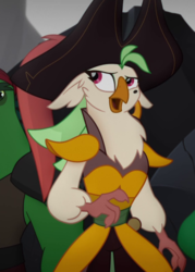 Size: 574x803 | Tagged: safe, screencap, captain celaeno, anthro, g4, my little pony: the movie, cropped, ear piercing, earring, female, hat, jewelry, piercing, pirate hat