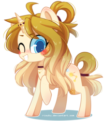 Size: 1165x1354 | Tagged: safe, artist:riouku, oc, oc only, oc:sora, pony, art trade, blushing, horn, horn ring, one eye closed, raised hoof, simple background, smiling, solo, transparent background, wink