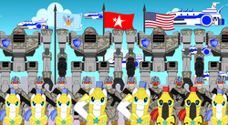 Size: 3469x1898 | Tagged: safe, artist:trungtranhaitrung, army, crossover, flag, guardian units of nations, gun beetle, male, royal guard, salute, sonic forces, sonic the hedgehog, sonic the hedgehog (series)