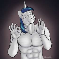 Size: 500x500 | Tagged: safe, artist:arareroll, shining armor, unicorn, anthro, g4, abs, eyes closed, male, meme, signature, solo, stallion, the emperor's new groove, when x just right