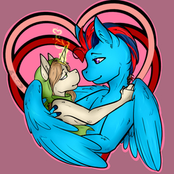 Size: 800x800 | Tagged: safe, artist:nekodorei, oc, oc only, oc:andrew swiftwing, oc:clouded wisp, pegasus, unicorn, anthro, anded, breasts, clothes, duo, eye contact, female, glowing horn, heart, hearts and hooves day, holiday, hood, horn, hug, looking at each other, magic, male, nudity, scarf, shipping, sideboob, simple background, spread wings, valentine's day, winghug, wings