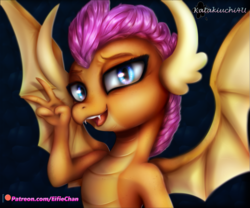 Size: 3600x3000 | Tagged: safe, artist:katakiuchi4u, smolder, dragon, g4, school daze, claws, dark background, dragon wings, dragoness, fangs, female, high res, looking at you, open mouth, patreon, patreon logo, peace sign, solo, spread wings, wings